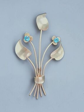 Vintage Sterling Silver Calla Lily Brooch Blue Glass Mid Century Modern Jordan